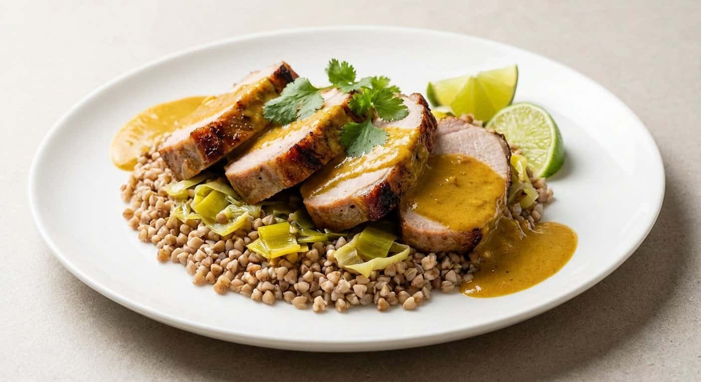 Lomo de cerdo al curry suave con puerro y trigo sarraceno