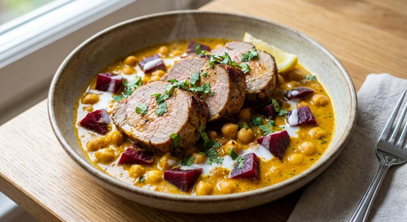 Lomo de cerdo al curry suave con remolacha y garbanzos