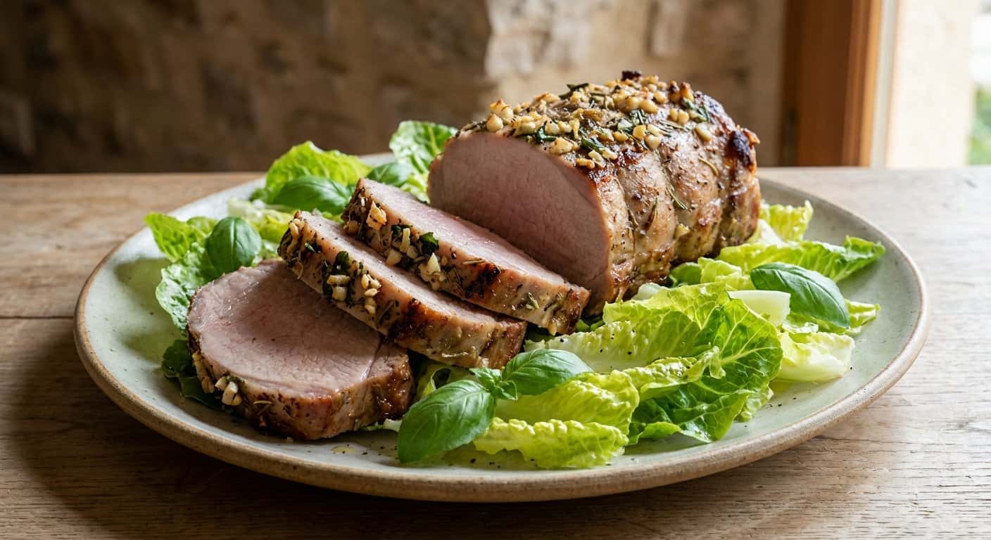 Lomo de Cerdo al Horno con Lechuga Romana y Albahaca