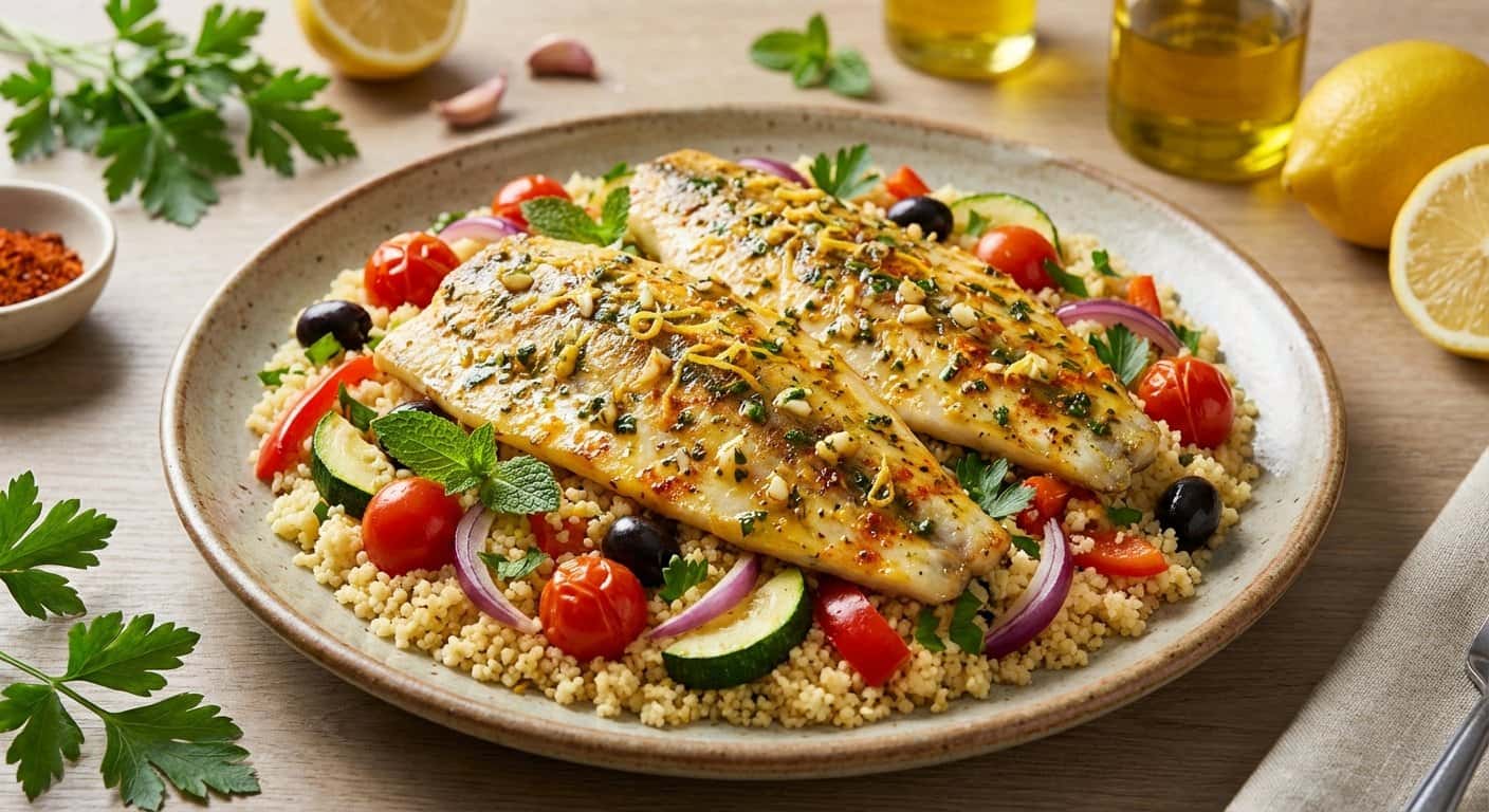 Lubina al estilo mediterráneo con couscous
