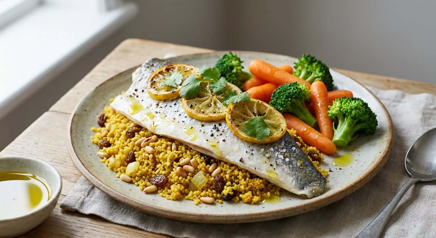 Lubina al vapor con couscous
