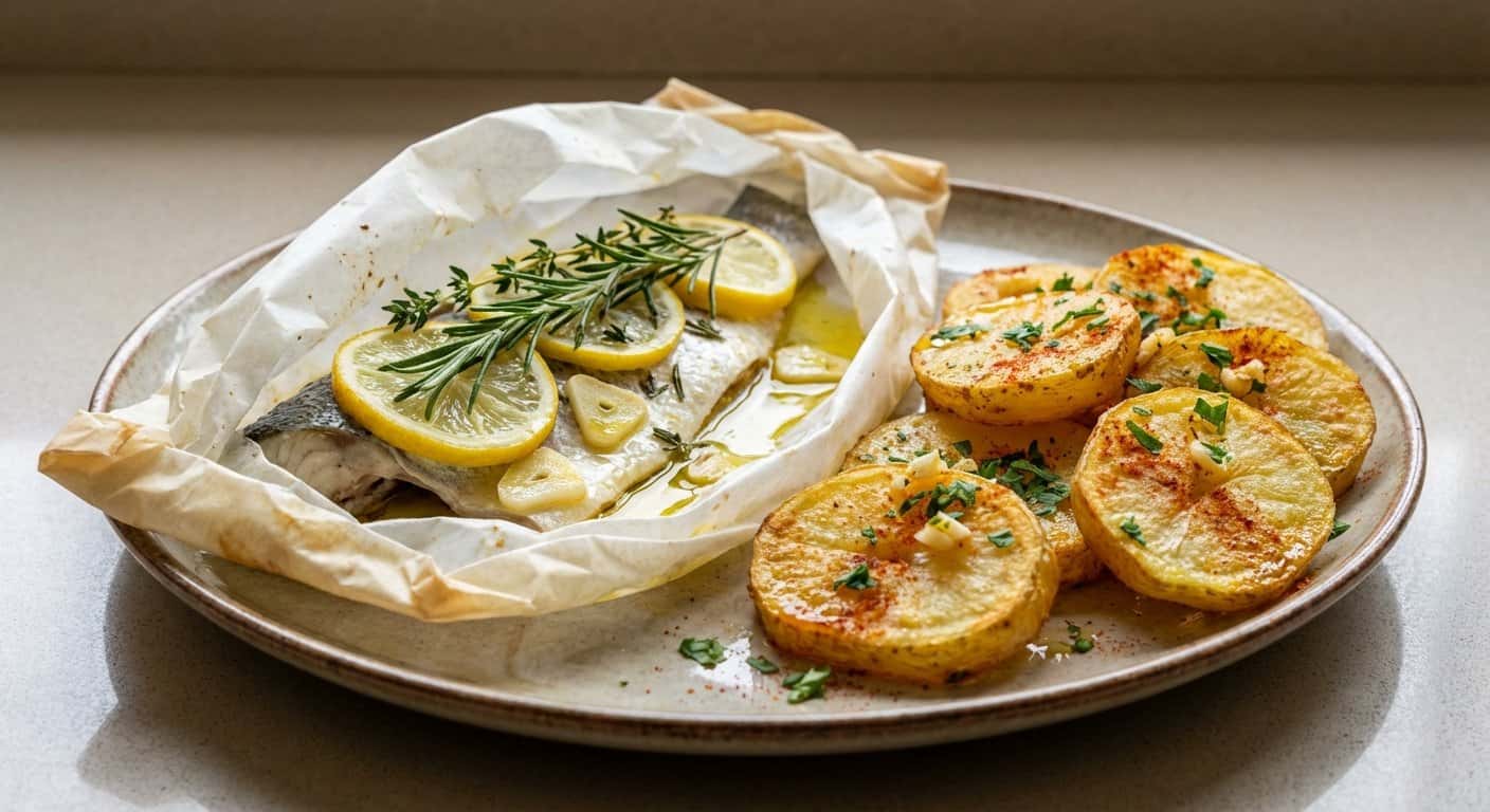 Lubina en Papillote con Patatas Panadera