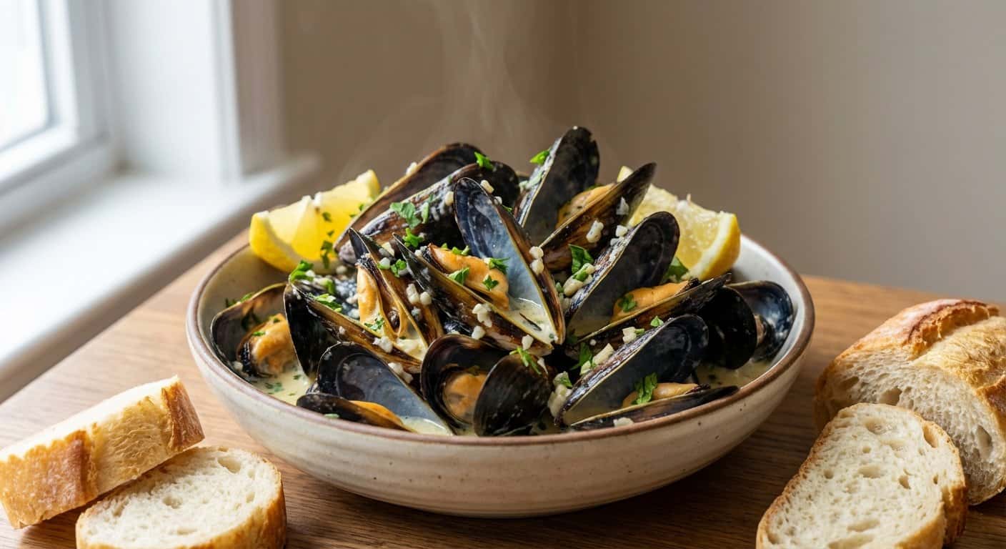Mejillones al vapor con crema de ajo y perejil