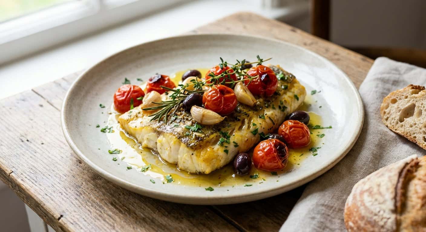 Merluza al horno con tomate confitado