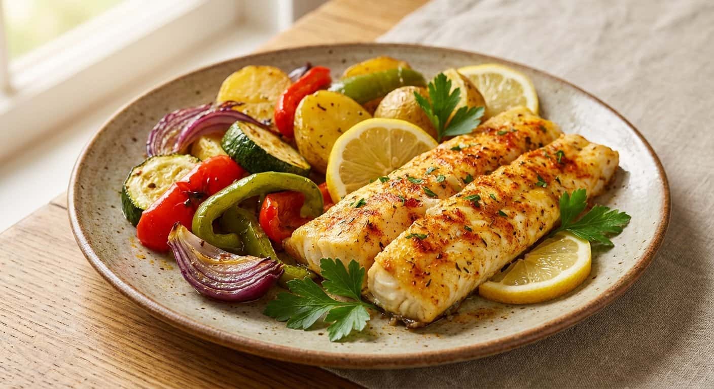 Merluza al horno con verduras asadas