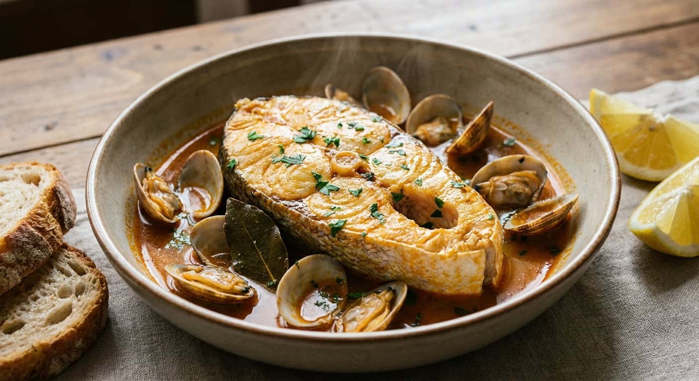 Merluza de Pincho con Almejas y Caldo Corto