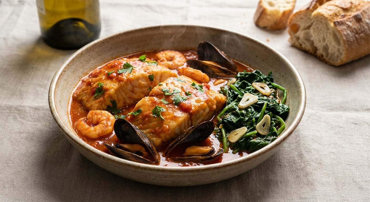 Mero a la Marinera con Espinacas Salteadas