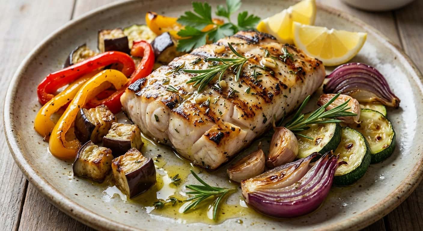 Mero a la Parrilla con Verduras Asadas