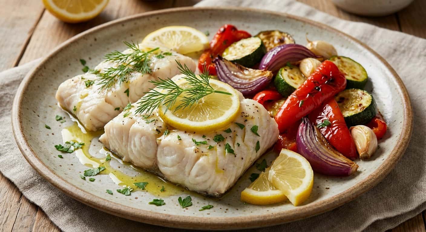 Mero al vapor con verduras asadas