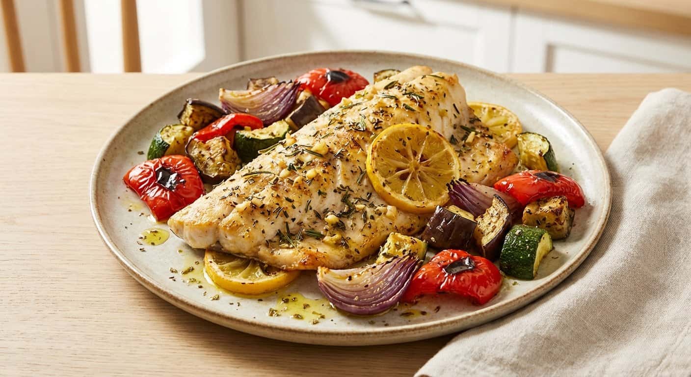 Mero con Limón y Verduras Asadas