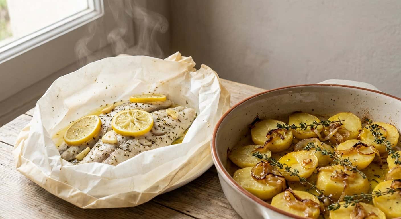 Mero en Papillote con Patatas Panadera