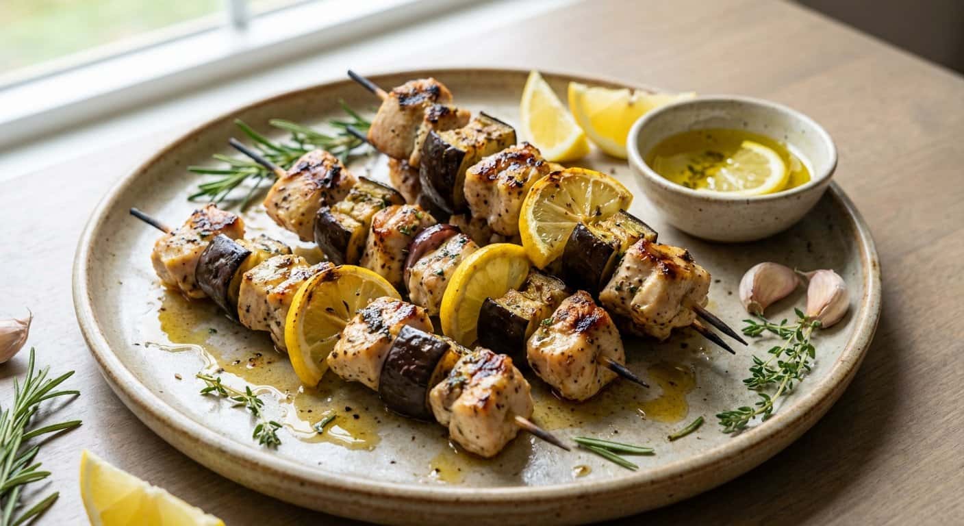Mini Brochetas de Pollo con Berenjena y Limón