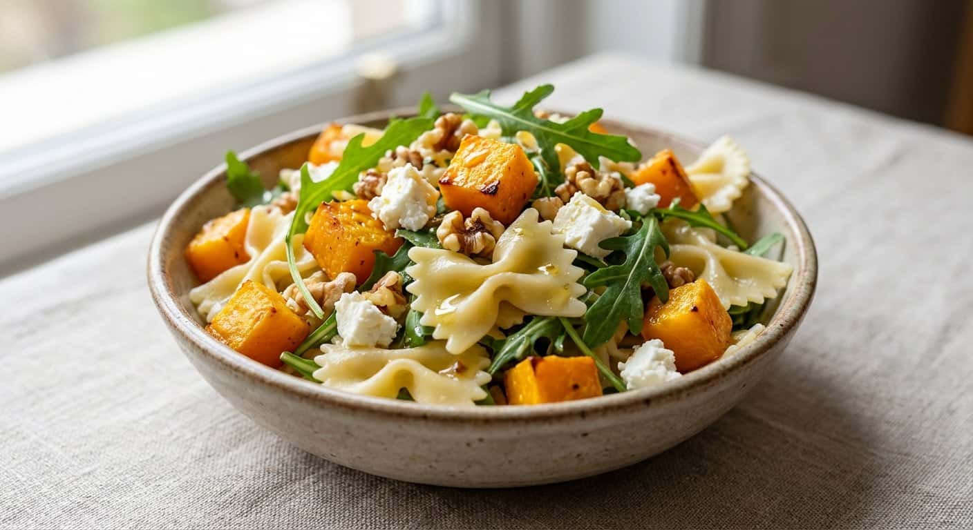 Mini ensalada de pasta con calabaza y queso fresco