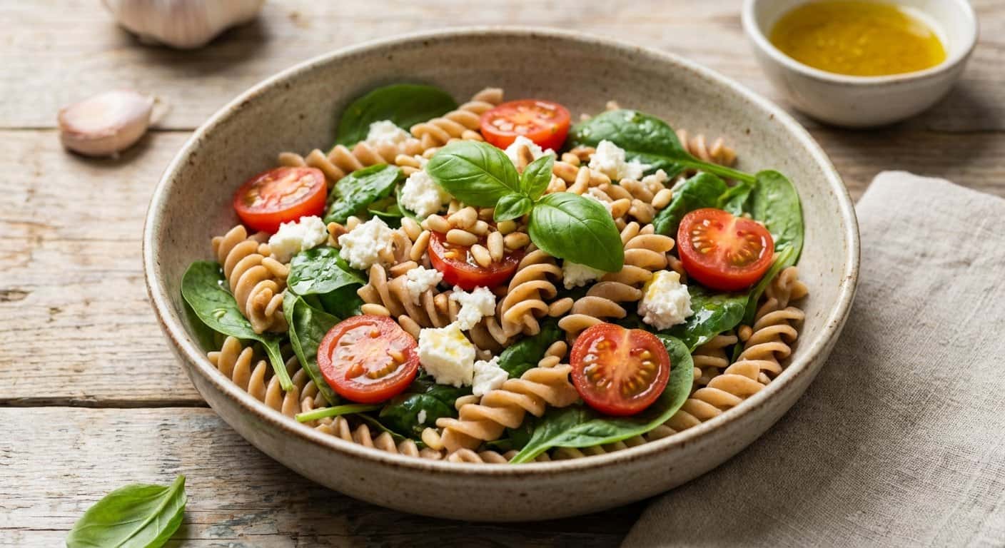 Mini Ensalada de Pasta con Espinacas y Queso Fresco