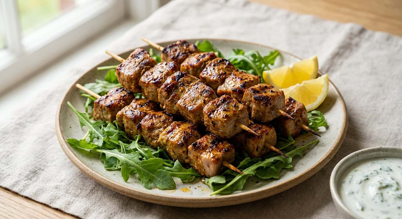 Mini pinchos de cerdo marroquí suave con rúcula