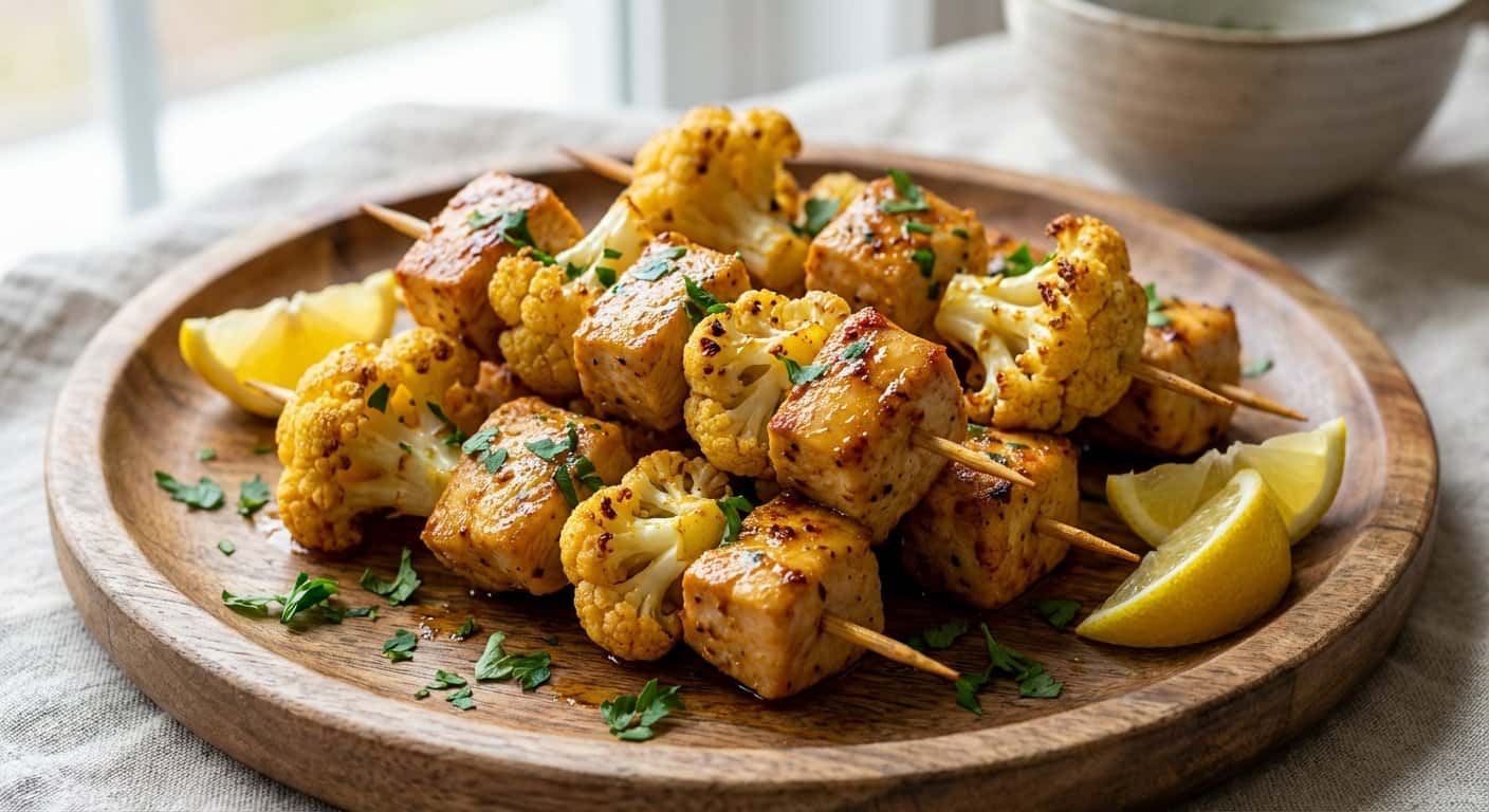 Mini Pinchos de Pollo con Especias y Coliflor