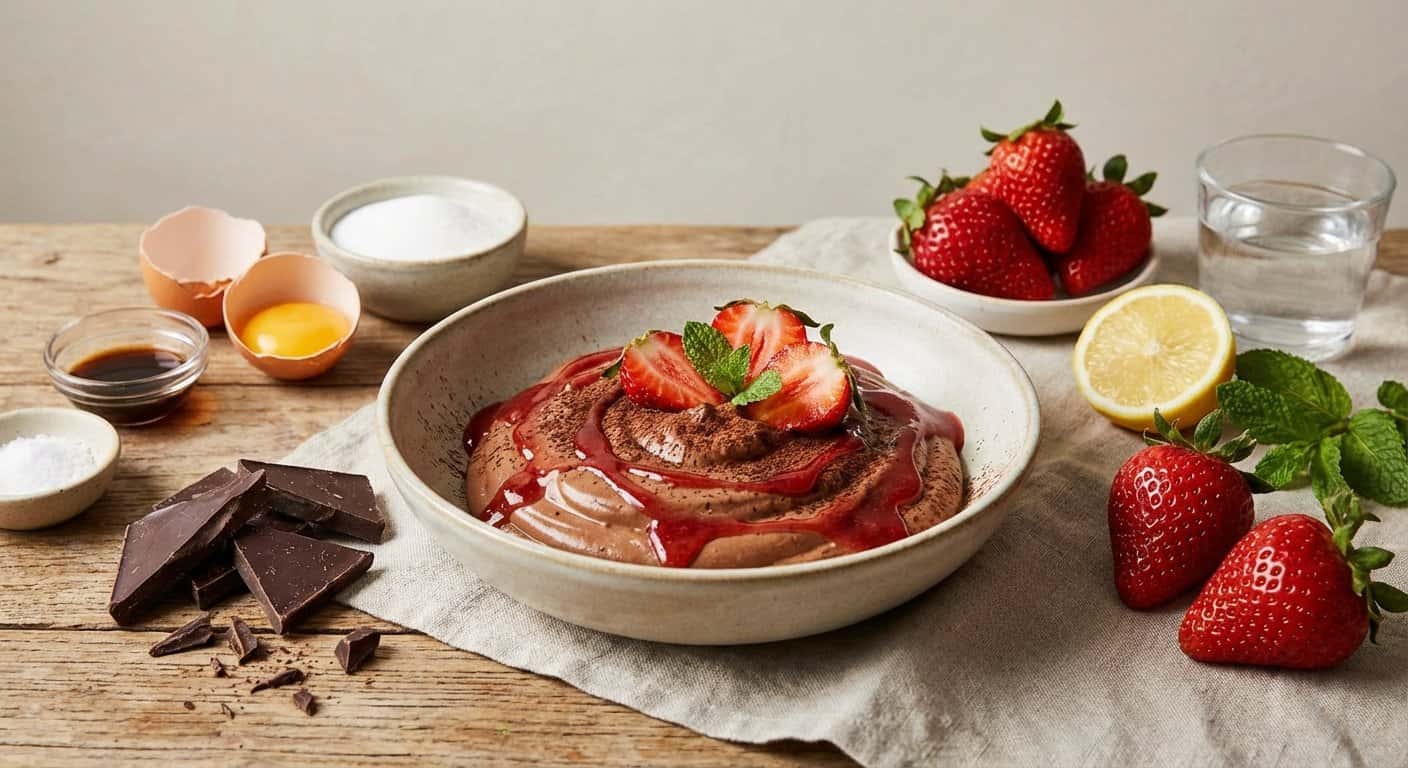 Mousse de chocolate negro con fresa