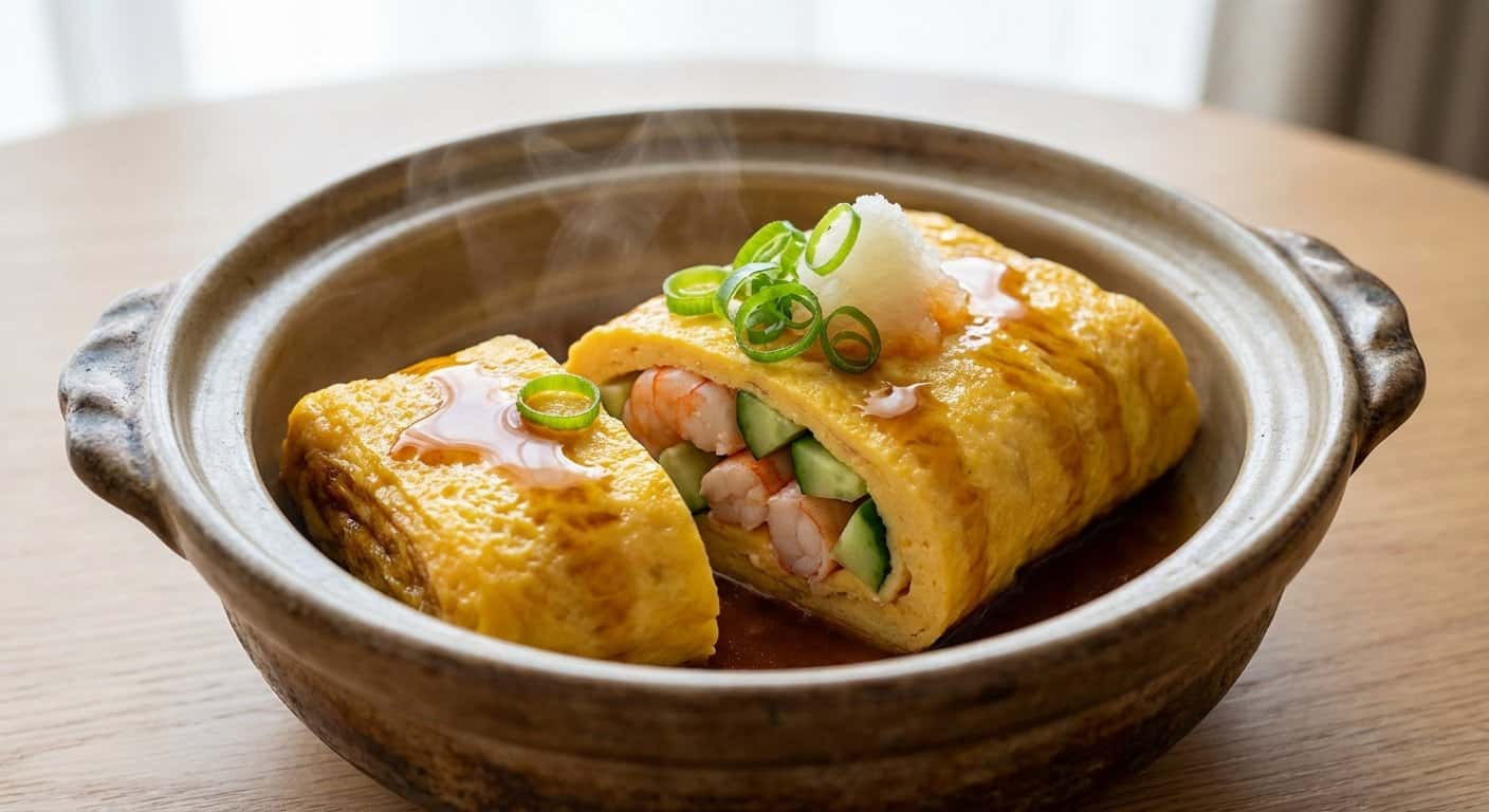 Nabe Tamagoyaki con Gambas y Pepino