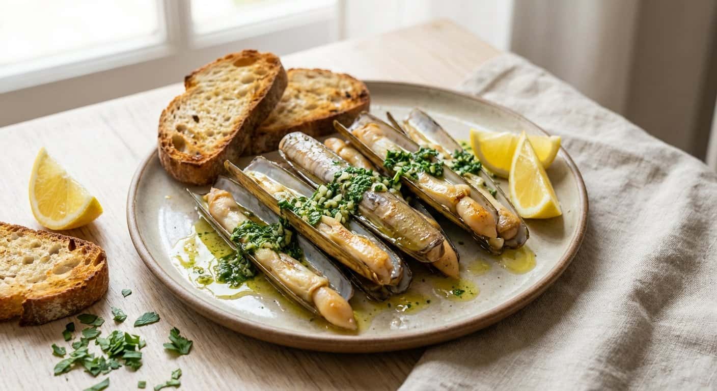 Navajas a la plancha con emulsión de perejil