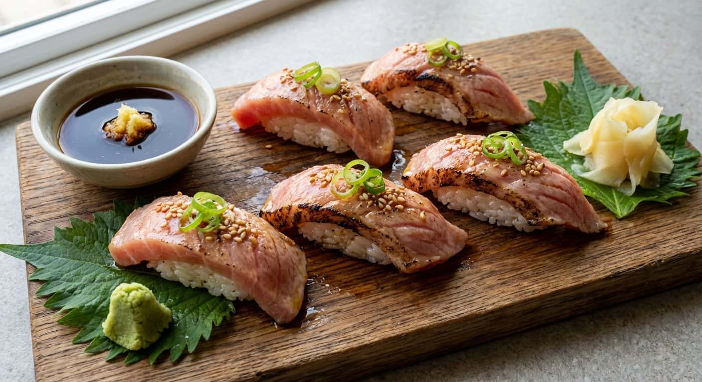 Nigiri de Toro Flambeado con Ponzu