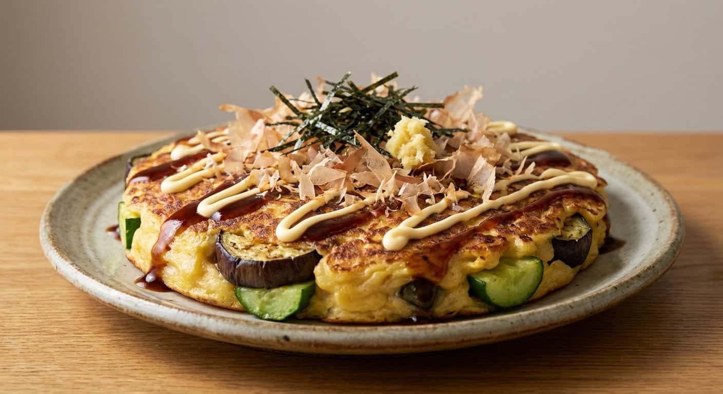 Okonomiyaki con berenjena y pepino