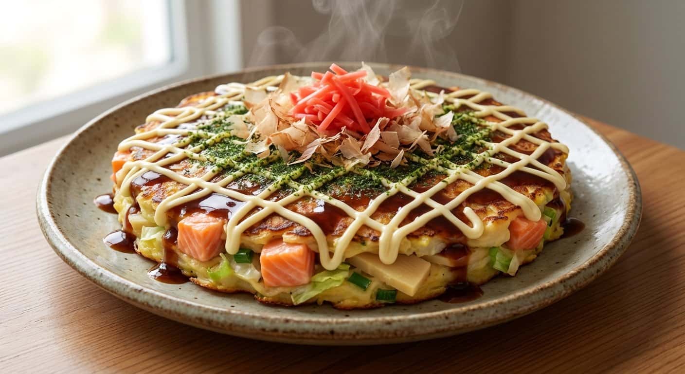 Okonomiyaki con Salmón y Brotes de Bambú