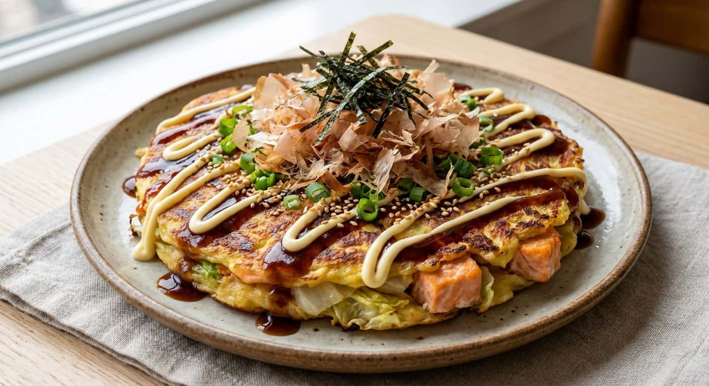 Okonomiyaki con Salmón y Col China