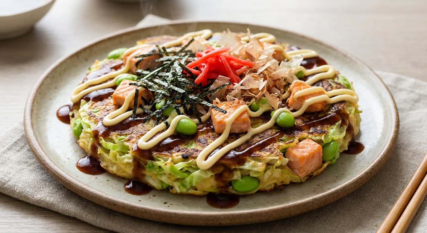 Okonomiyaki con Salmón y Edamame