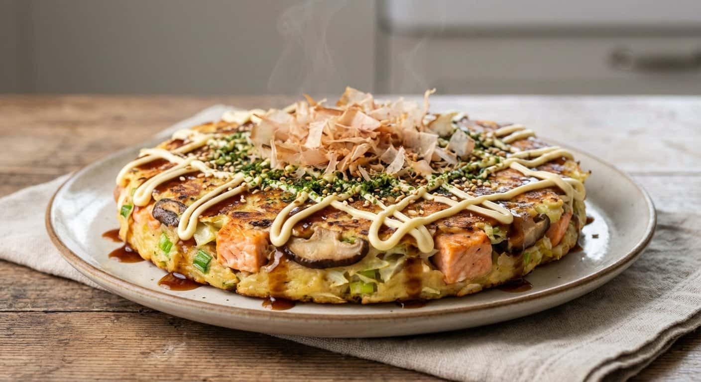 Okonomiyaki con Salmón y Shiitake