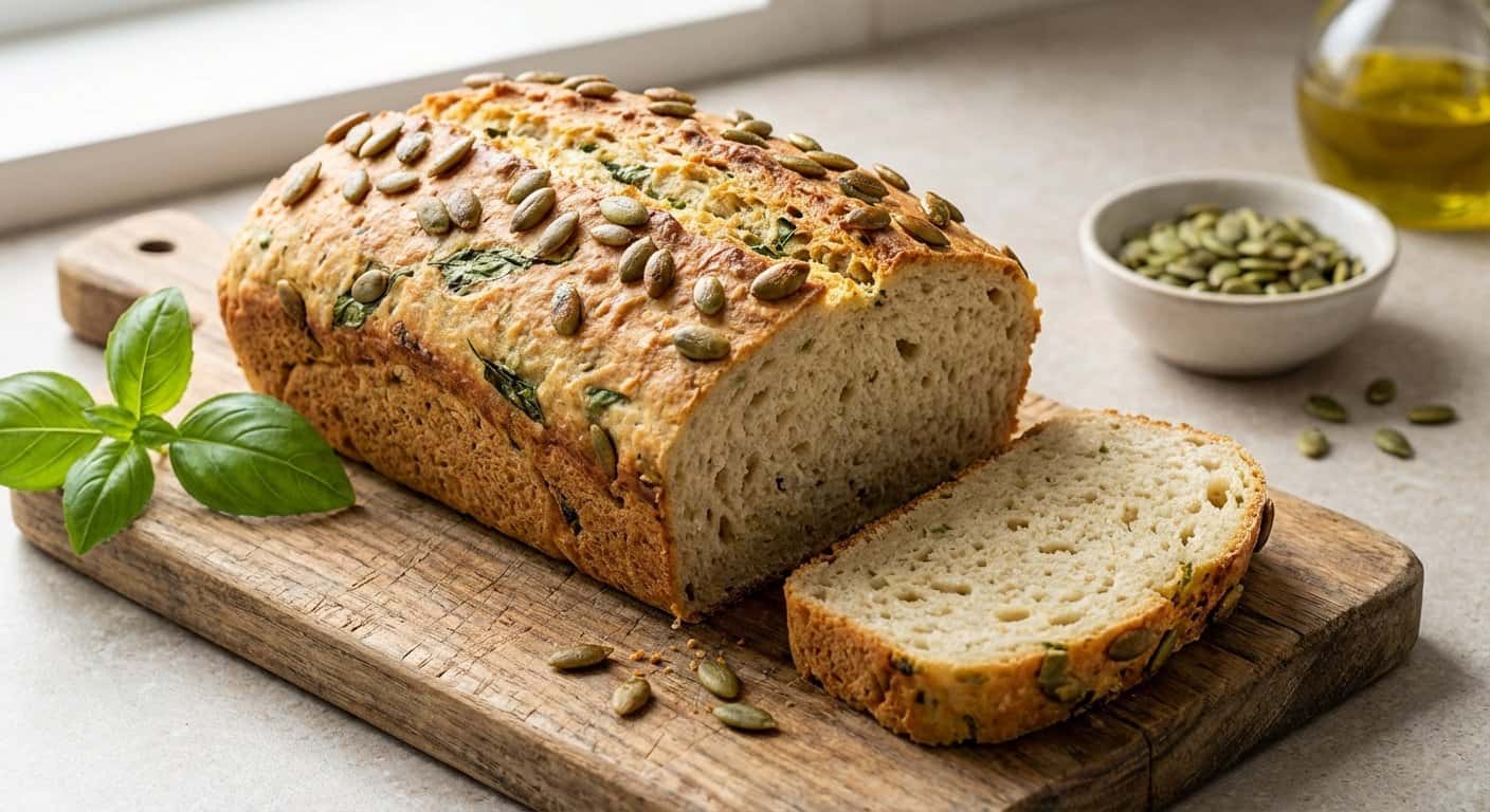Pan de harina de arroz con albahaca y pipas de calabaza