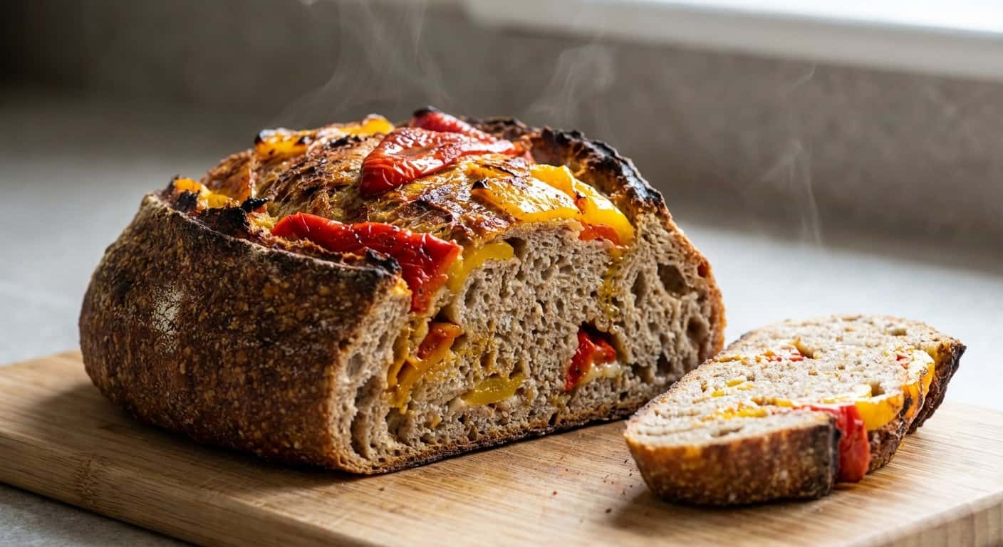 Pan rústico de harina de trigo sarraceno con pimientos asados
