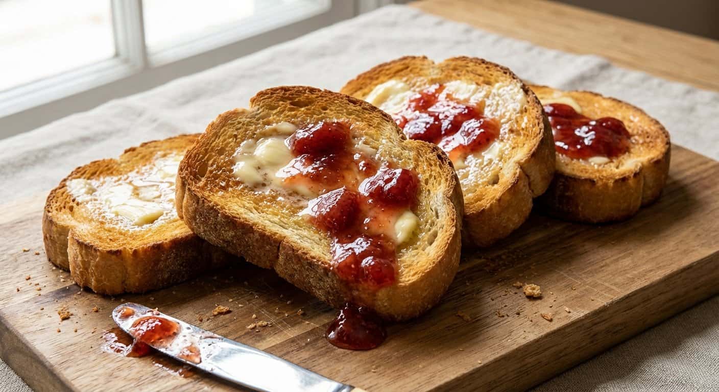 Pan Tostado con Mantequilla y Mermelada de Fresa