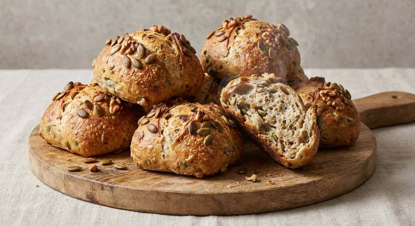 Panecillos alta hidratación con pipas de calabaza y nueces