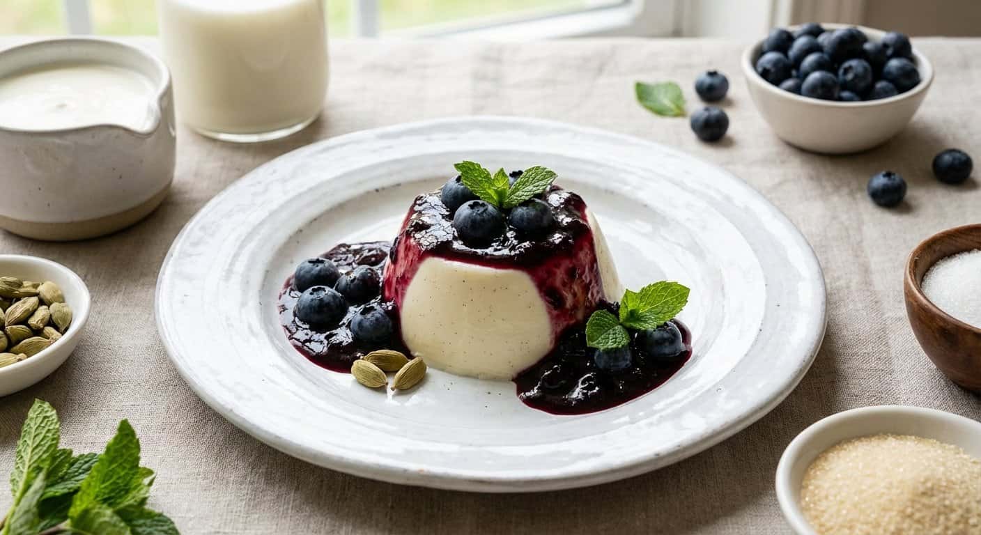Panna cotta de cardamomo con arándanos