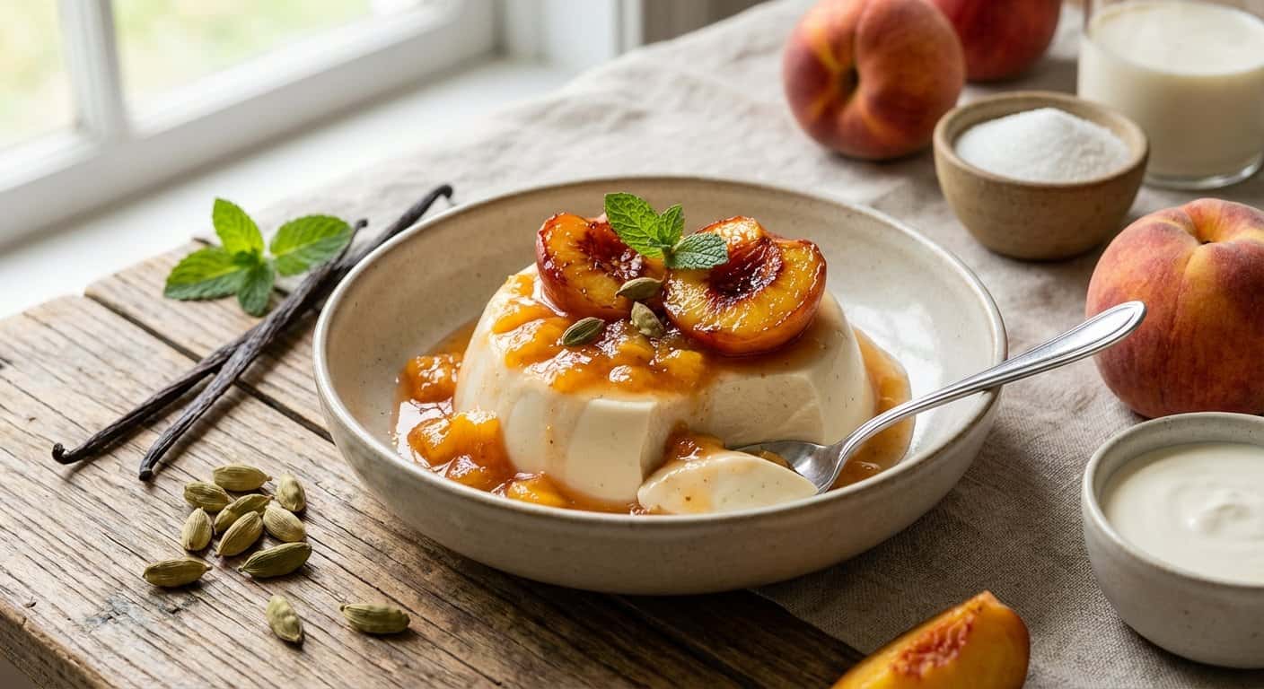 Panna cotta de cardamomo con melocotón