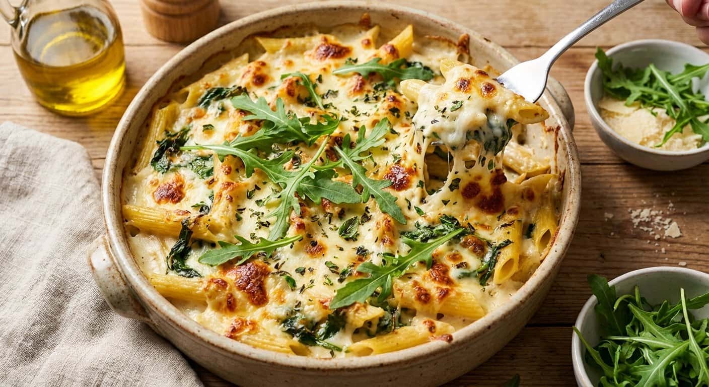 Pasta al horno con rúcula y hierbas