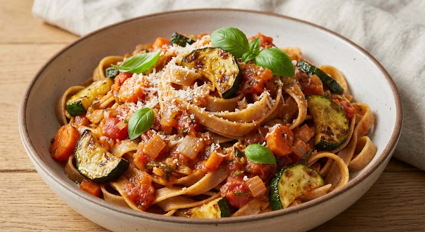 Pasta Integral con Calabacín y Salsa de Verduras
