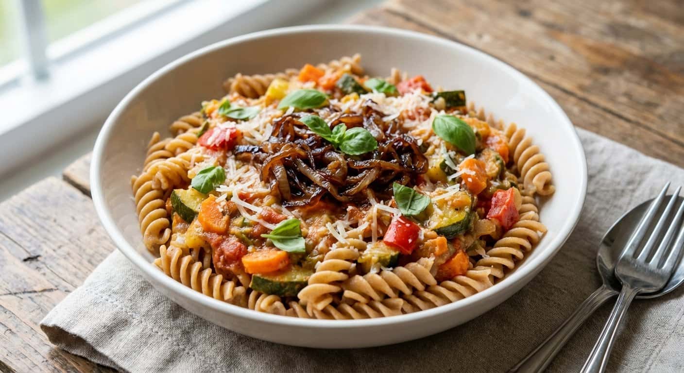 Pasta Integral con Cebolla Caramelizada y Salsa de Verduras