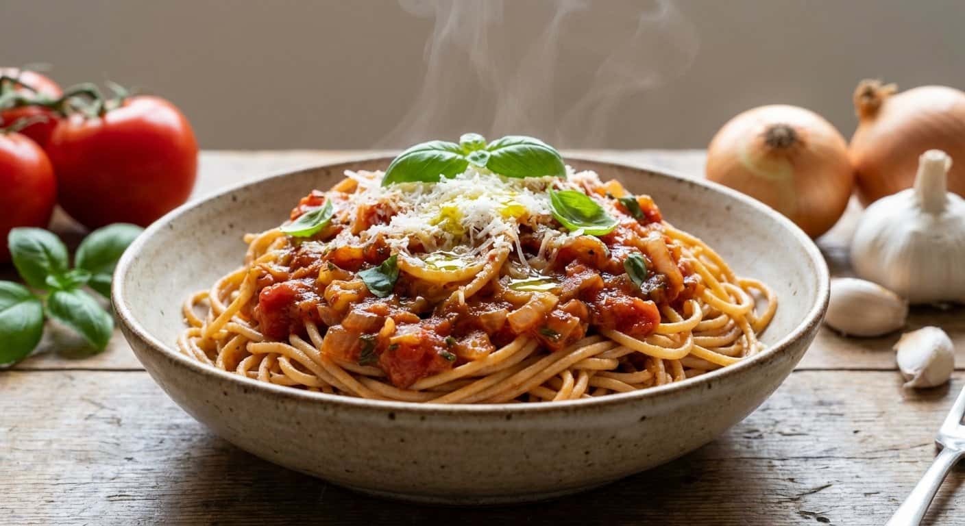 Pasta Integral con Cebolla y Salsa de Tomate Natural