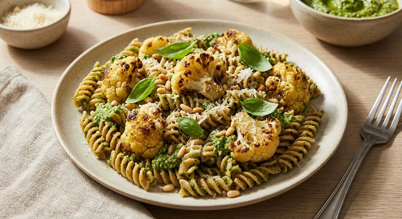 Pasta integral con coliflor y pesto ligero