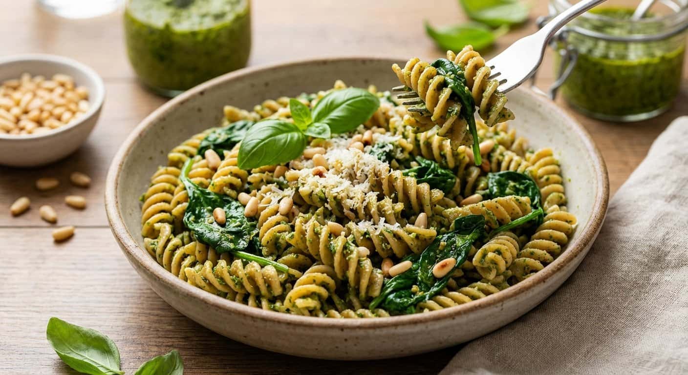 Pasta integral con espinacas y pesto ligero