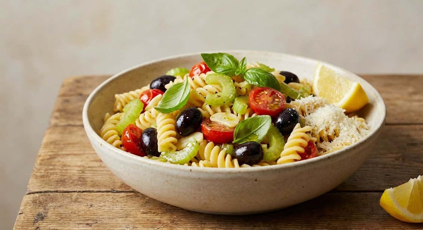 Pasta Mediterránea con Apio y Aceitunas