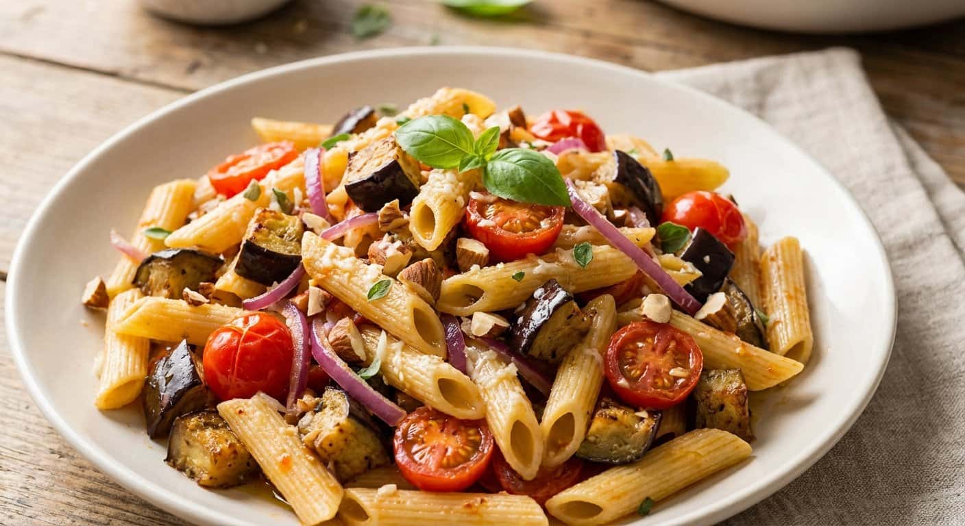 Pasta Mediterránea con Berenjena y Almendras