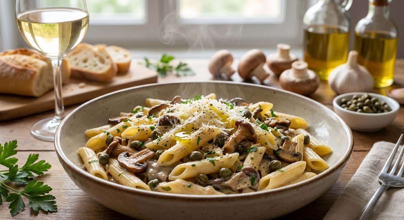 Pasta Mediterránea con Champiñones y Alcaparras
