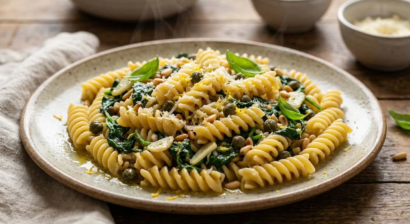 Pasta Mediterránea con Espinacas y Alcaparras
