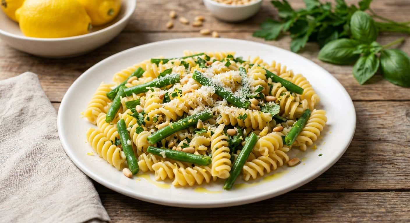 Pasta Mediterránea con Judías Verdes y Hierbas Frescas