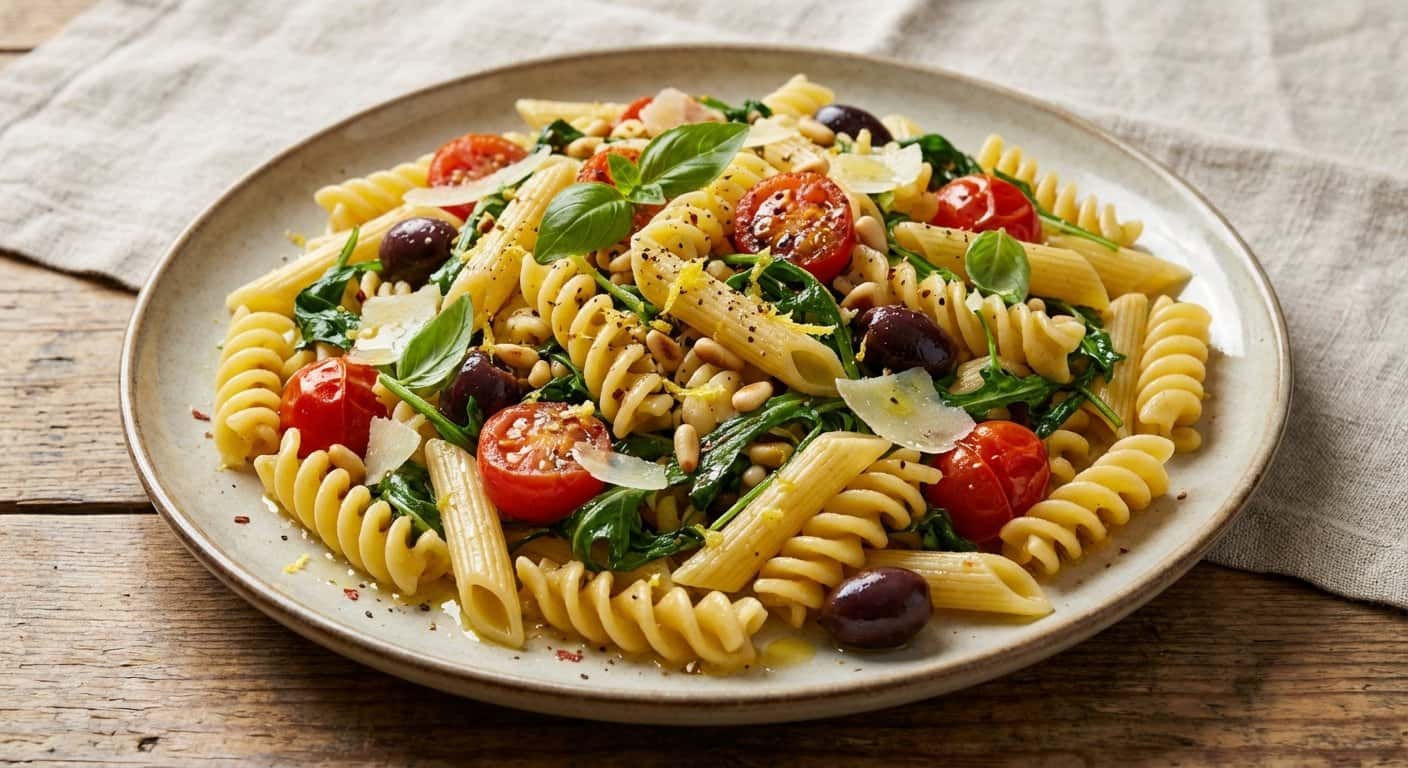 Pasta Mediterránea con Rúcula y Aceitunas