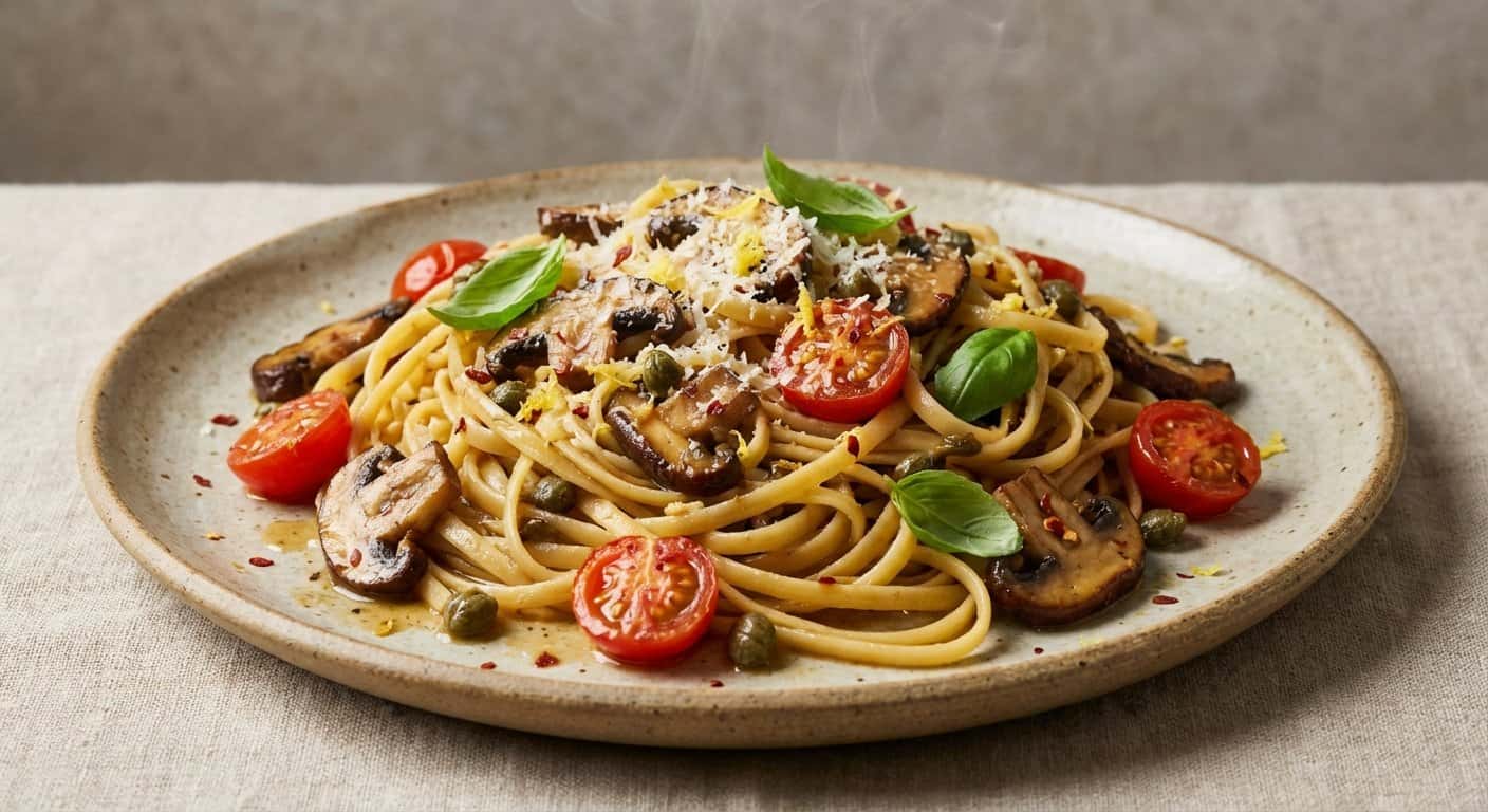 Pasta Mediterránea con Setas y Alcaparras