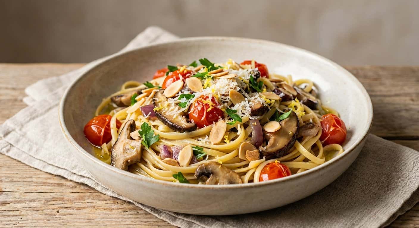 Pasta mediterránea con setas y almendras