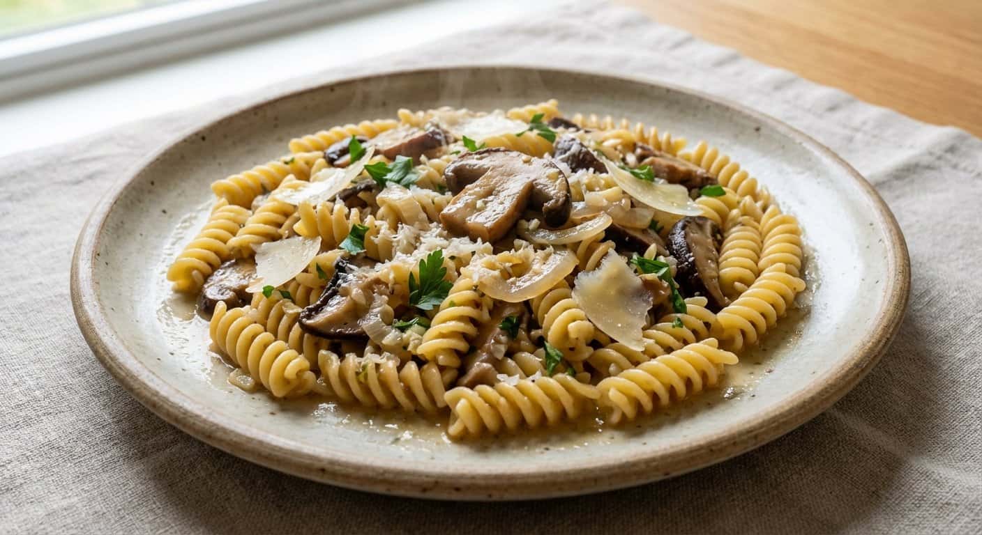 Pasta Mediterránea con Setas y Parmesano Ligero